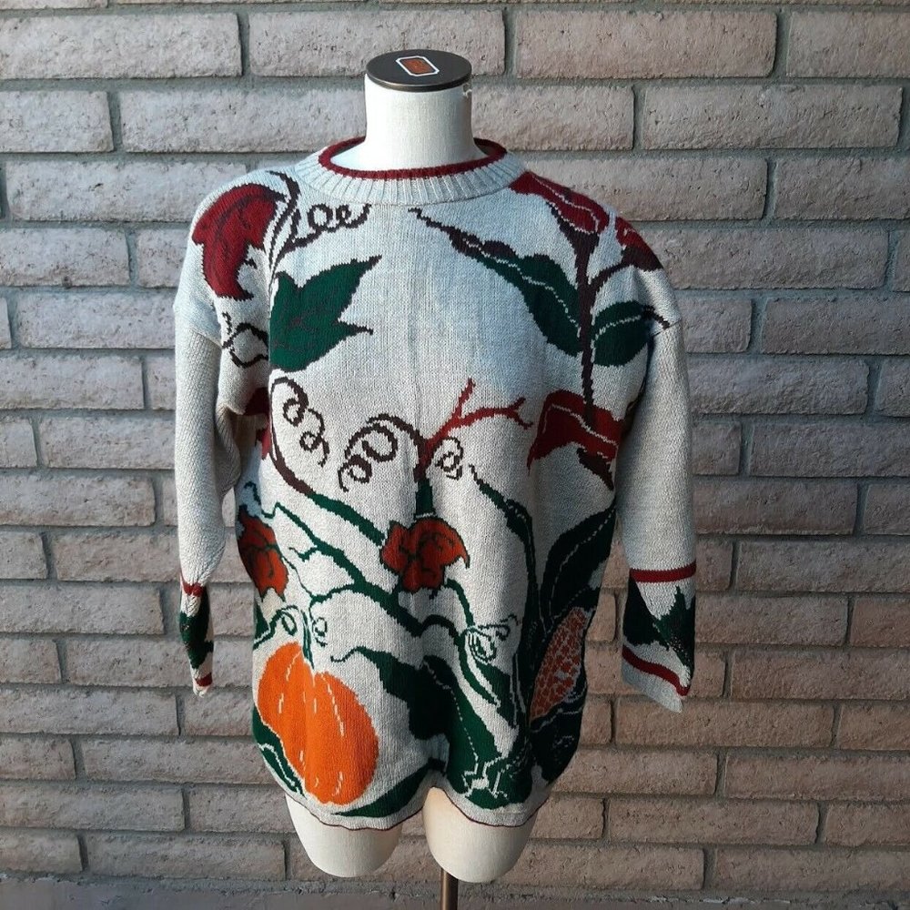 JJ Browne Sweater Womens Large Autumn Fall Orange Pumpkin Vine Mervyns Tags NOS